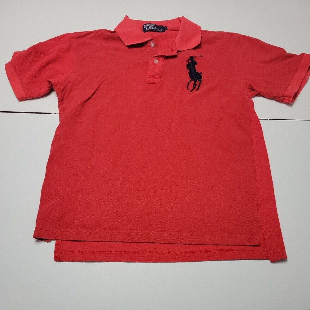 Polo Ralph Lauren Top Boy M Red USA Collar Shirt Blue Large Pony Comfort Stretch